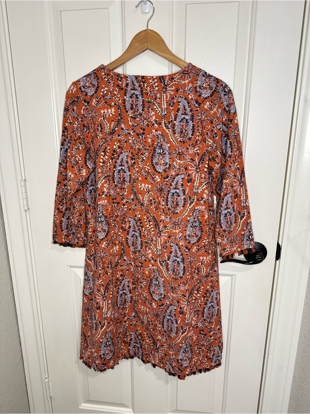 Spartina 449 Orange Blue Island Fringe Paisley Print 3/4 Sleeve Mini Dress Sz M - Picture 4 of 9